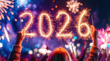 Gleaming golden 2026 digits with sparkling texture resting on reflective surface, surrounded by colorful confetti and blurred festive lights