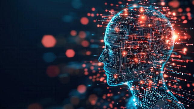 Artificial intelligence is processing data represented by glowing electronic circuits forming a human head, symbolizing machine learning - Powered by Adobe