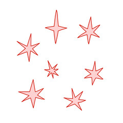 Pink doodle stars set. Shine and sparkle hand drawn collection. Childrens style elements. Red outline and pink star shapes. Christmas whimsical and coquette collection. Vector illustration.