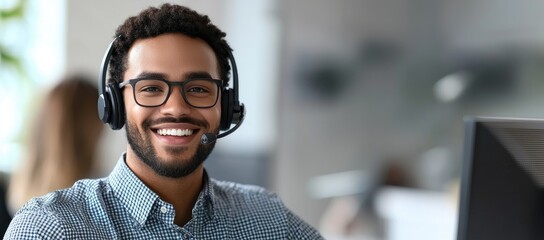 Smiling call center agent with glasses and headset working at desk in modern office, ideal for customer service solutions, communication ads, and business support visuals