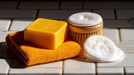 Yellow turmeric soap bar with wooden brush and cotton pads on orange towel in bright bathroom setting