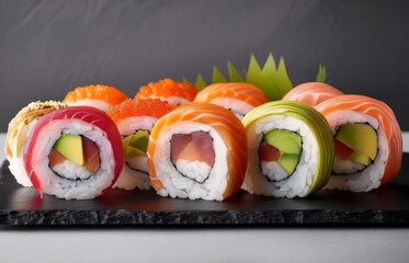 Colorful assorted sushi rolls with salmon, tuna, avocado, and cucumber, on a black stone plate, minimal background, perfect for advertising
