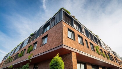 Fototapeta premium perspective view of modern building with brick facade and green roof