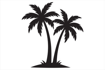 Two tall palm trees silhouette standing together isolated on white background