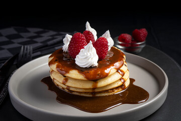 pancakes with chocolate syrup, cream, and raspberries on a round gray plate seen from a 45-degree angle