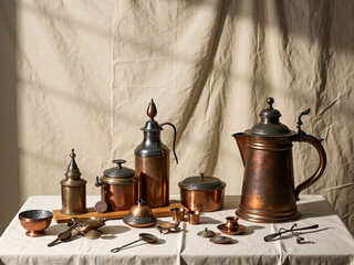 Vintage copper kitchen utensils and cookware still life on neutral backdrop