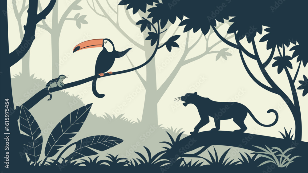 Poster vector illustration of a toucan and small bird on a branch with a panther in a jungle environment sc