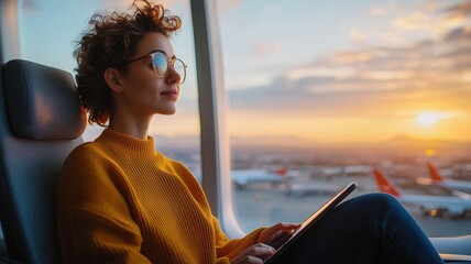 Businesswoman wearing sunglasses is using tablet and relaxing on airplane near window during sunset