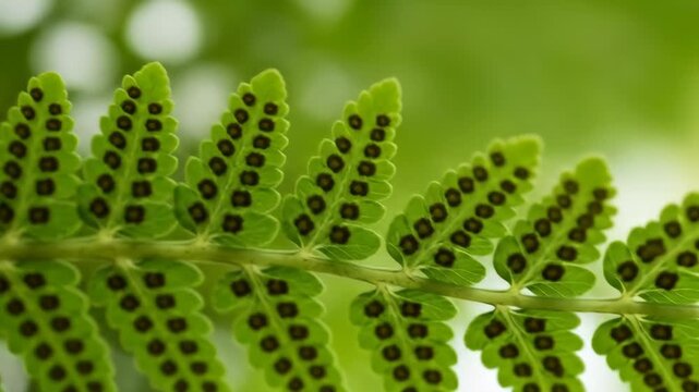 Close-up of Fern Frond with Sori - A detailed close-up shot reveals the intricate structure of a fern frond, showcasing the sori (spore clusters) arranged in neat rows along the leaflet margins.