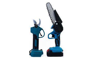 Rechargeable chain saw and knot cutter isolated on white background. Garden kit.