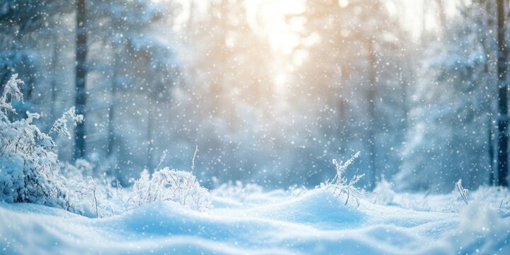 A serene winter landscape with snow-covered trees and falling snowflakes, a Beautiful background image - Powered by Adobe