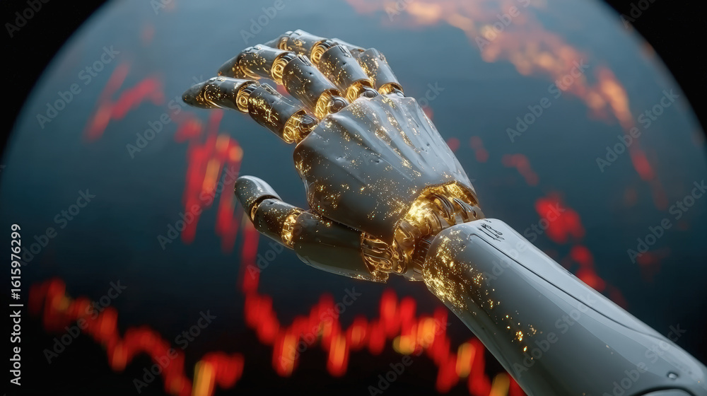 Poster futuristic robotic hand reaches out, showcasing intricate designs and glowing elements against backd