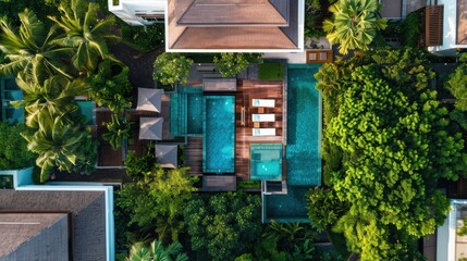 
Housing Luxury residential villas with private pools and lush landscaping.