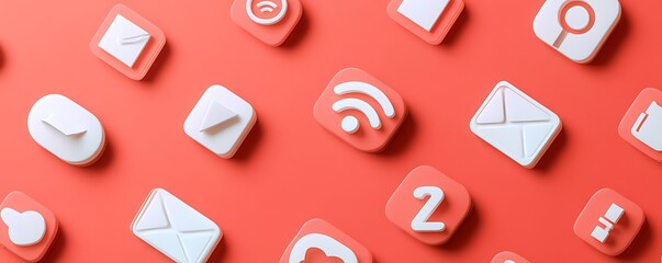 Modern communication icons isolated on a bright coral background with minimal design