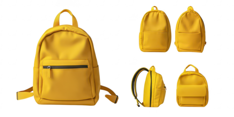 Various yellow bags displayed together on transparent png background