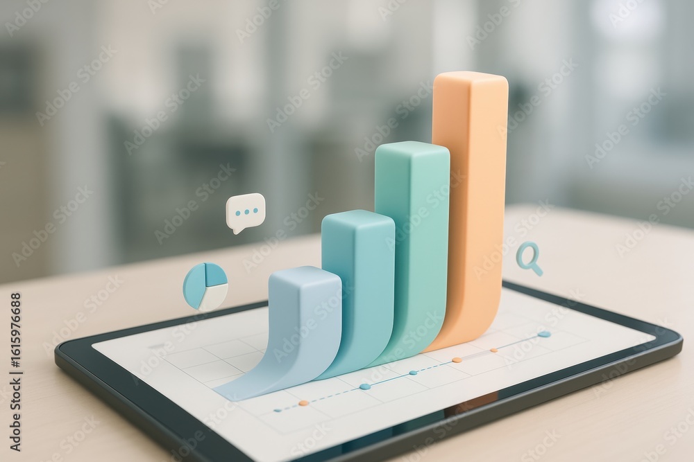 Aufkleber rising statistics: a digital tablet displaying a dynamic 3d bar graph, depicting a growth trend. acc