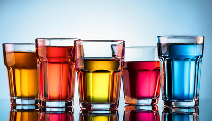 colorful array of vibrant liquid filled glasses reflecting on a smooth surface