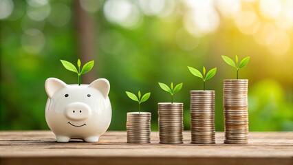 White piggy bank with growing money stacks coins growth
