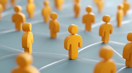 Network of Yellow Figures Connecting on a Blue Background Representing Social Interaction Concept