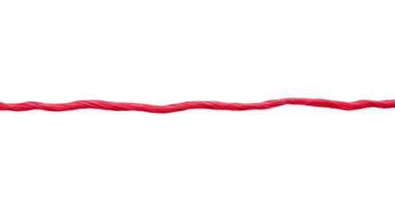 A single strand of ruby red yarn, 3mm, soft, fuzzy, natural fibers with visible threads, gracefully undulating horizontally on a seamless transparent background, shadowless and isolated. Concept of