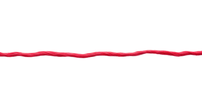 A single strand of ruby red yarn, 3mm, soft, fuzzy, natural fibers with visible threads, gracefully undulating horizontally on a seamless transparent background, shadowless and isolated. Concept of