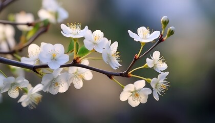 Obraz premium a close up captures delicate white blossoms on a thin twisting branch serene ambiance