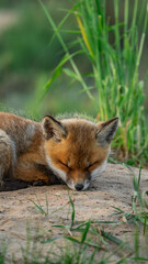 Baby Red Fox (Vulpes vulpes) sleeping on the sand near den