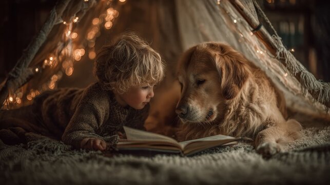 A cozy moment of a child and a dog reading together under a tent, illuminated by soft fairy lights, creating a heartwarming scene. The child is focused on the book while the dog lies close. - Powered by Adobe