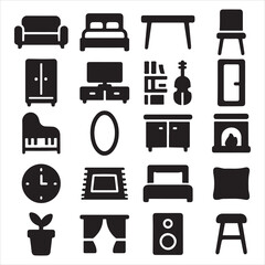 Collection of household furniture and decor items silhouette isolated on white background