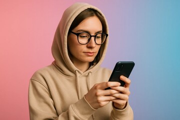 A young woman navigates her smartphone amidst a vibrant gradient backdrop