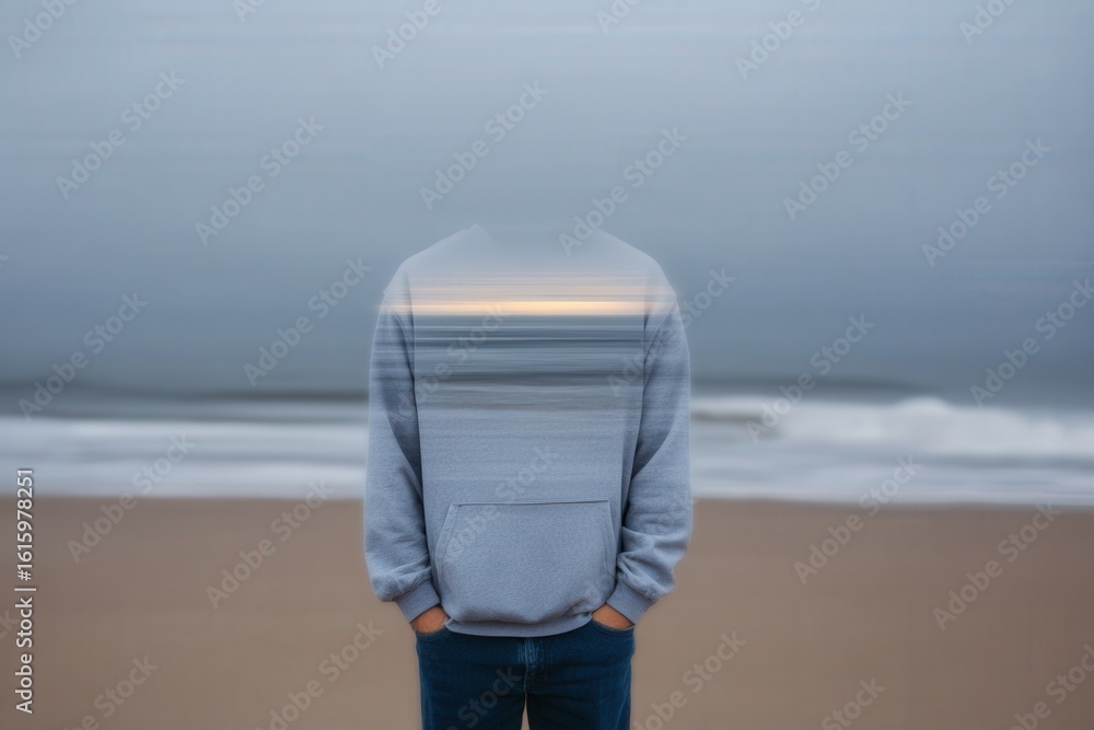Poster enigmatic portrait of an individual at a serene beach showcasing ethereal visual style reflecting id