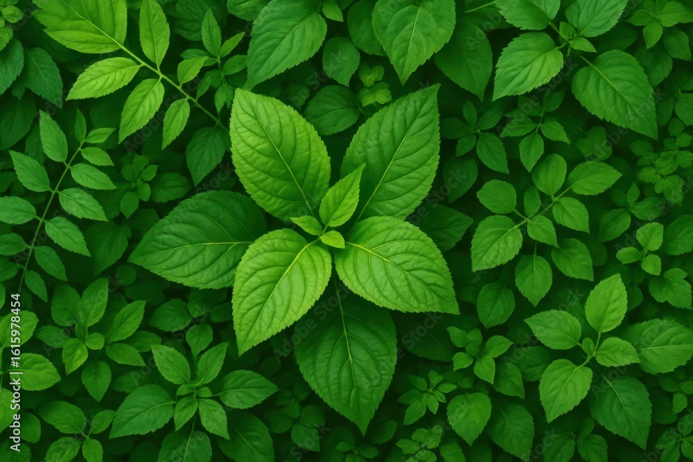 Poster a lush tapestry of green leaves, meticulously arranged in a repeating pattern, creating an abstract 