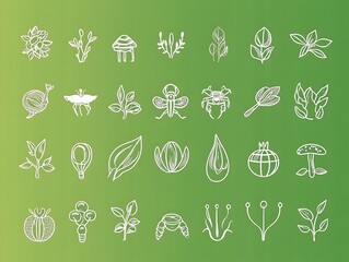 Nature-themed vector outline icons set on a fresh green background