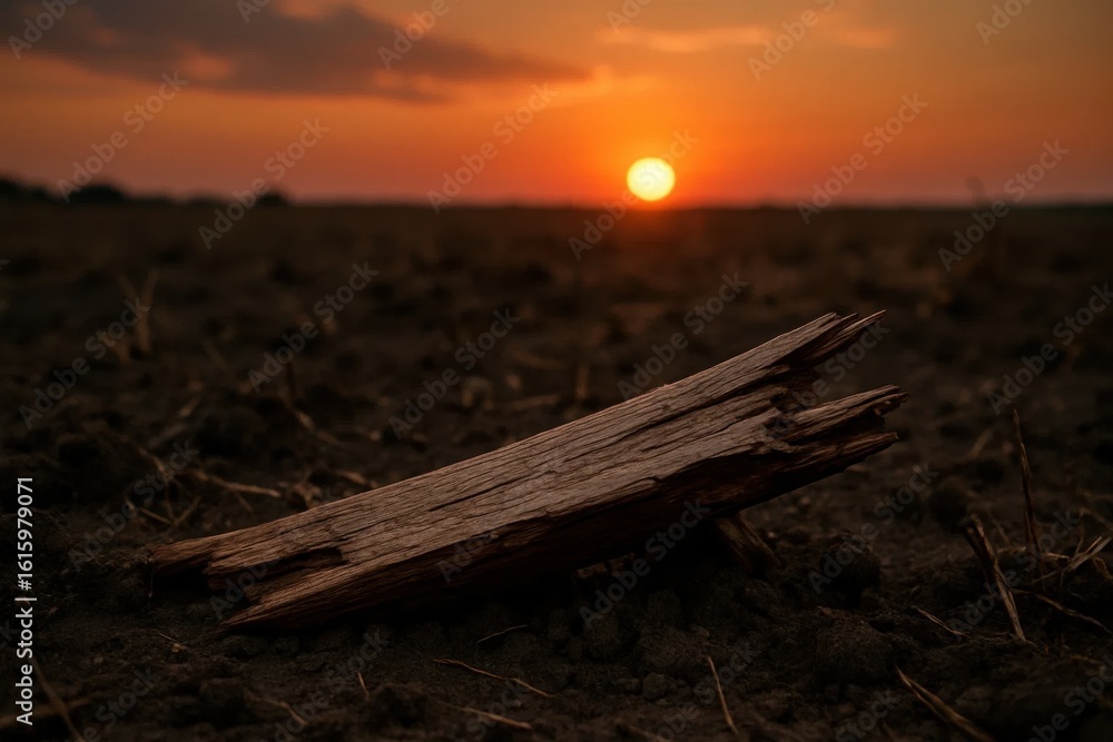 Canvas Prints a lone log stands silent as the sun sets over an endless field
