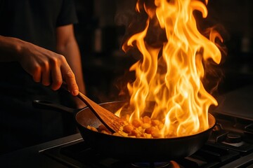 A chef expertly stirs a pan of food over a roaring fire in a dimly lit kitchen, capturing the essence of culinary passion and skill