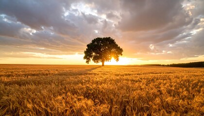 Golden wheat field with a solitary tree silhouetted against a vibrant sunset