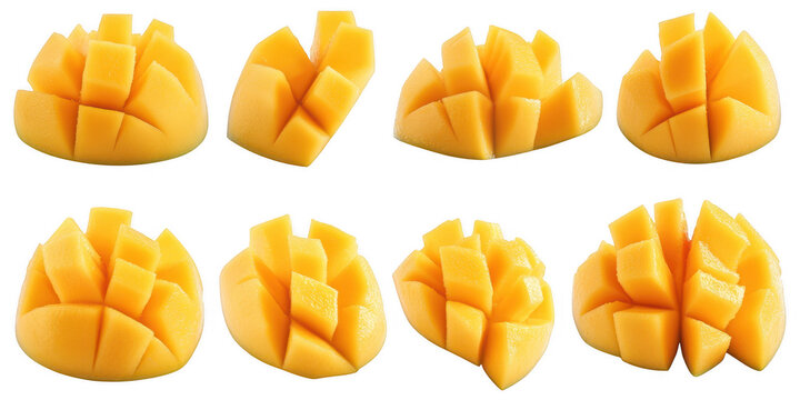 Eight mango chunks arranged nicely on transparent png background