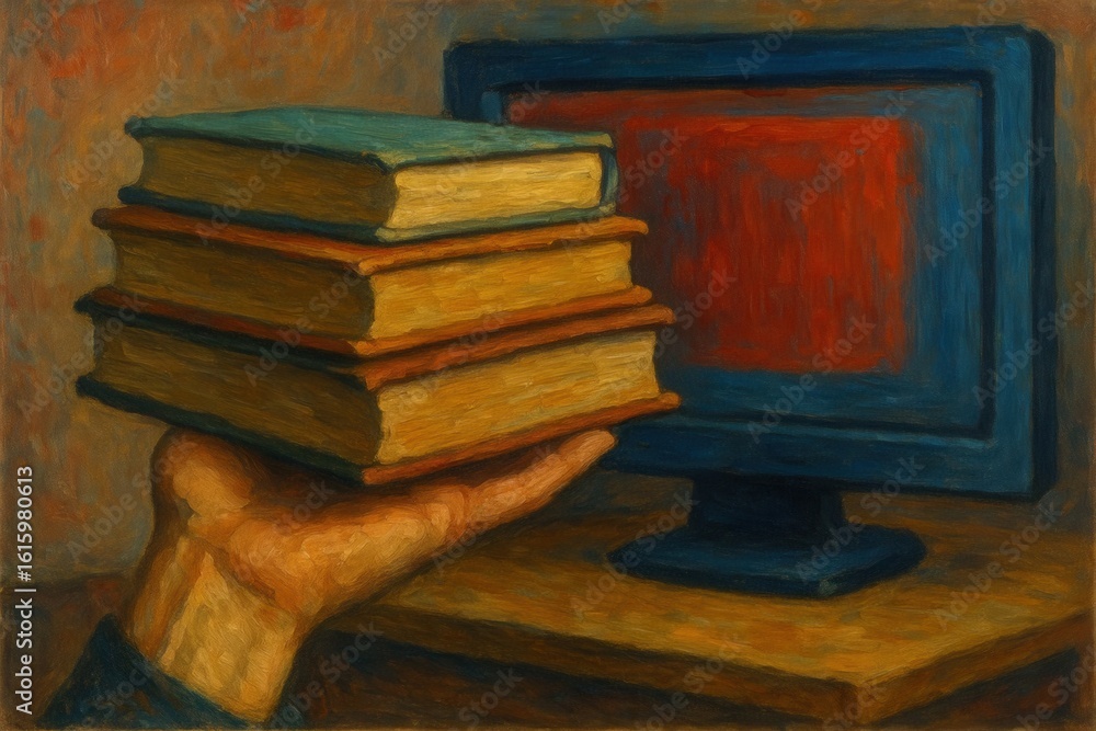 Poster a hand holds a stack of books in front of a computer monitor, symbolizing the fusion of traditional 