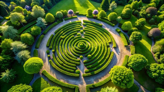 Photo of an aerial view of a beautifully manicured formal garden maze with lush green hedges and trees under sunlight