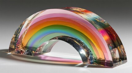 Iridescent 3D rainbow arc shape made of colored glass on minimalist grey background
