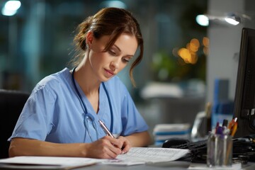 Hospital nurse reviewing patient charts and billing codes in medical audit, ensuring accuracy, compliance, and financial documentation for healthcare management.