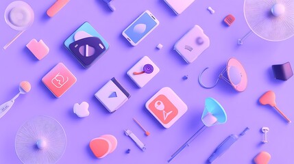 Set of communication symbols like phones, satellite dishes, and messaging apps on a purple background