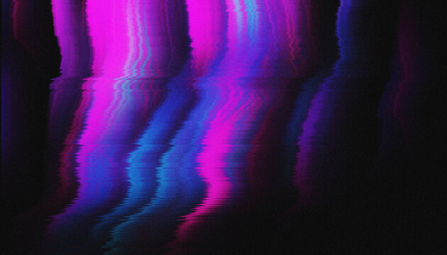Abstract neon glitch background with vivid pink and blue wave distortions on black. Ideal for edgy digital branding, techno events, or underground album covers. Dust, film grain, noise effect texture