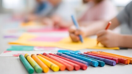 blurred image of a children&rsquo;s creative art camp workshop with tables full of crayons, cardboard, and color paper. The mood is playful and full of joy,