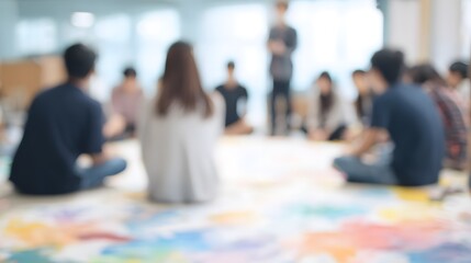 blurred image of a collaborative group art project in progress, with students gathered around a mural-sized canvas. Movement and teamwork vibe