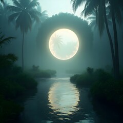 Fototapeta premium Surreal fantasy landscape with a giant glowing moon suspended over a reflective river in a misty tropical jungle