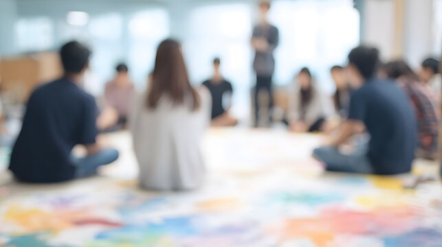 blurred image of a collaborative group art project in progress, with students gathered around a mural-sized canvas. Movement and teamwork vibe