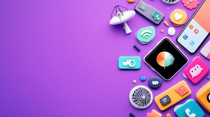 Set of communication symbols like phones, satellite dishes, and messaging apps on a purple background