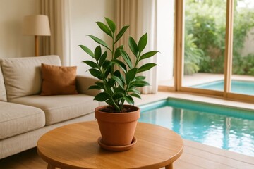 A terracotta potted plant graces a wooden table by a large window overlooking a tranquil swimming pool, inviting relaxation and contemplation