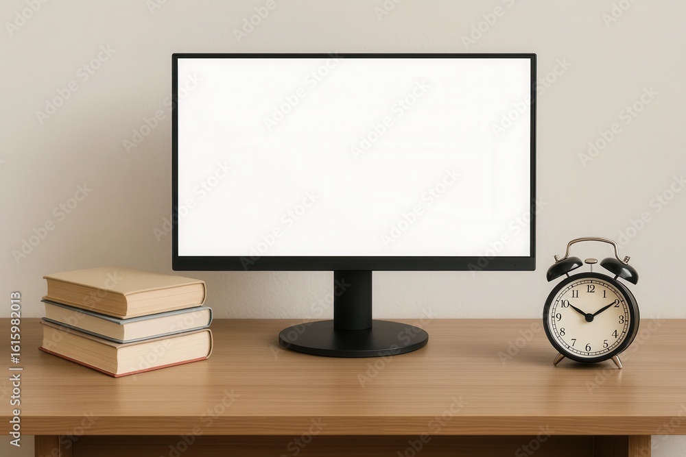 Poster a serene workspace setup featuring a modern computer monitor, classic alarm clock, and a stack of bo
